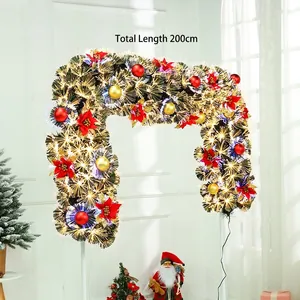 Christmas Rattan Garland Fiber Optic Warm White LED Decorative Poinsettia Baubles Festive Wall Hanging Ornament