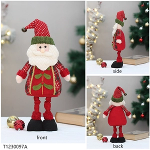 Detailed views of a retractable Santa plush doll with plaid outfit and pointed bell hat