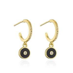 Detail of 18K gold plated hoop earrings with black evil eye charm and sparkling zircons
