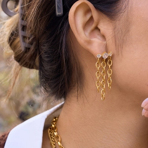 Boucles d'Oreilles Pendantes en Acier Inoxydable Plaqué Or 18K Zirconia Chaîne Gland Pour Femmes Mode Géométrique Bijoux