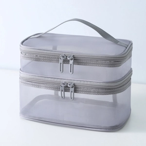 Gray double-layer mesh toiletry bag with handle and dual zippers for travel organization