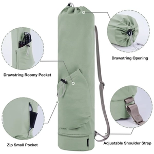 Detail of sage green yoga mat bag showing drawstring opening and roomy side pockets