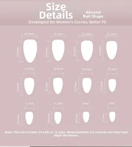 Size chart for 24pcs glitter almond press-on nails showing 12 different width measurements