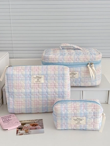 Quilted Cosmetic Bag And Pouch Cotton Heart Pattern Plaid Large Capacity Portable Travel Toiletry Organizer Korean Style Sweet