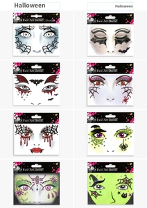 Set of eight diverse Halloween face art stickers featuring spiders and glitter patterns