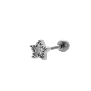 Macro detail of silver stainless steel star earring with zircon inlays and ball back