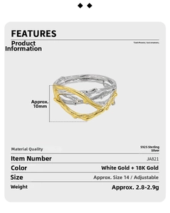 Detail showing S925 sterling silver branch ring dimensions 10mm height and weight stats