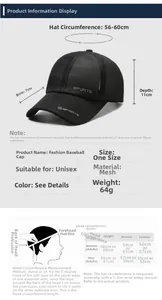 Detailed size chart for breathable mesh baseball cap with brim and depth specifications