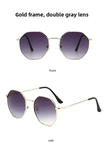 Front and side views of vintage polygonal gold metal sunglasses with gradient grey lenses