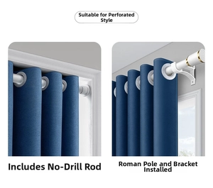 Detail of navy blue blackout curtain grommets on telescopic and Roman rod systems