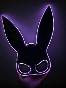 Glowing black bunny mask with purple LED neon lights for Halloween and rave party costumes