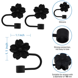 Two black peach blossom silicone straw covers for 10mm straws with size dimensions