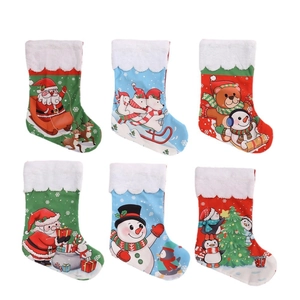 Set of 6 Christmas stockings with cartoon Santa, Snowman and Reindeer for home decor