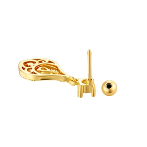 Gold flower cartilage piercing stud with hollow swirl pattern and clear stones