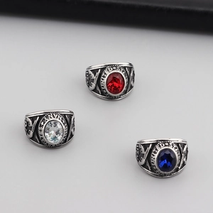 U.S. Navy stainless steel rings with red, blue, and clear zircon stones in a silver finish