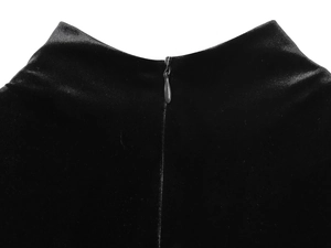 Detail of the high-collar velvet dress featuring a discreet back invisible zipper closure