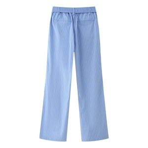 Detailed back view of blue striped lounge pants with elastic waist and dual rear pockets