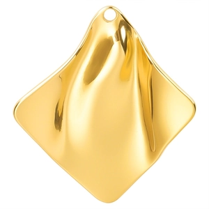 Macro view of golden geometric square pendant with polished 3D wavy texture