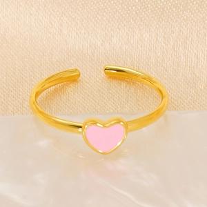 Adjustable 18K gold plated titanium steel ring with pink enamel heart charm