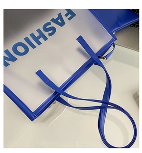 Blue matte translucent PVC tote bag featuring comfortable shoulder strap and fashion print