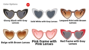 Detailed grid showing six rhinestone-encrusted heart sunglasses in various stylish colors