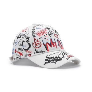 White baseball cap with colorful cartoon graffiti print and street style lettering