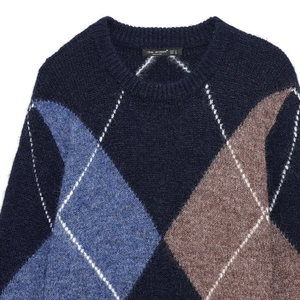Navy blue argyle knit sweater in mohair texture featuring a classic diamond pattern