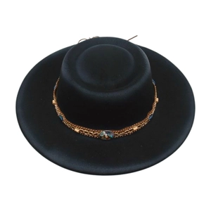 Detail view of black wool felt hat featuring a woven gold band with colorful gemstone accents