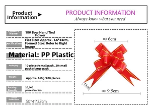 Detail specifications of 18mm red and gold ribbon bow with size measurements