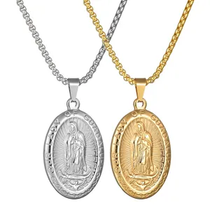 Collar Con Colgante De Nuestra Señora De Guadalupe Acero Inoxidable Medallón Religioso Ovalado Joyería Retro