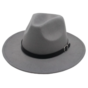 Classic grey wide brim wool fedora hat with black belt buckle for men and women