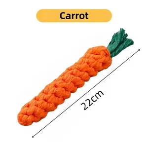 Close-up of a 22cm carrot-shaped braided cotton rope chew toy for dogs on white background