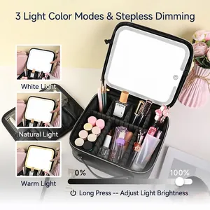 Large capacity makeup case with LED mirror featuring three light modes and leather finish