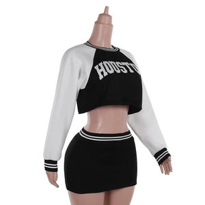 Close-up detail of Houston logo print on black and white cropped baseball sweatshirt