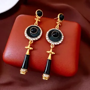 Vintage Round Drop Earrings With Alloy Black Enamel Rhinestone And Silver Earring Post
