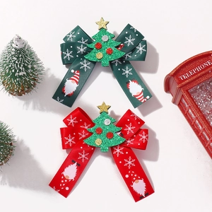 Christmas Snowflake Ribbon Bow Hair Clip For Girls Holiday Santa Claus Pattern Hair Accessory Festive Ribbon Barrette