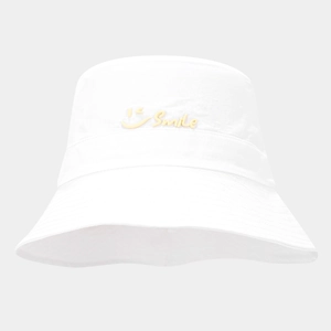 Detail of white quick-dry bucket hat featuring yellow embroidered smile text