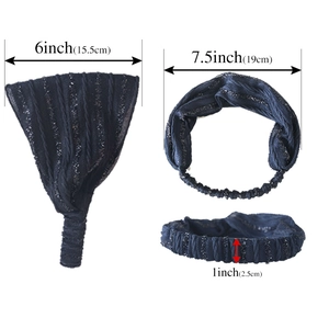 Detailed size chart of a navy blue knitted headband showing dimensions in inches and cm