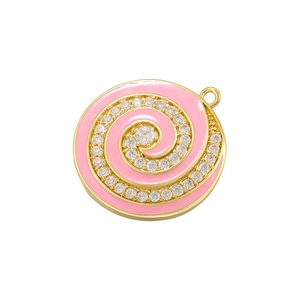 Pink enamel spiral shell pendant with gold plating and sparkling crystals on white background