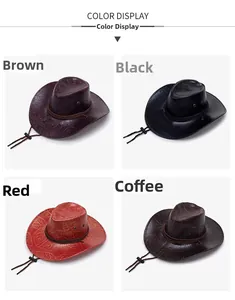 Detail view of western cowboy hats in four colors with textured leaf pattern and chin strap