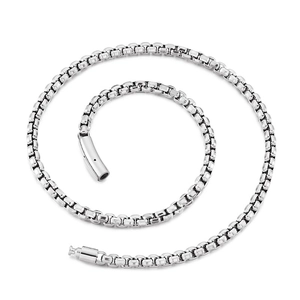 Minimalist silver stainless steel box chain necklace with a sleek cylindrical buckle