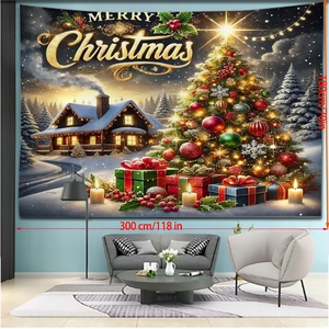 Extra wide Christmas tapestry with snowy cabin scene and 300x180cm size dimensions