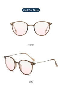 Front and side views of vintage round glasses in cool tea and silver metal frame