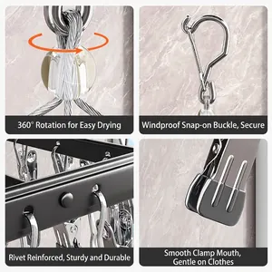 Aluminum alloy drying rack with multi-clips and 360 degree rotating windproof hook