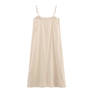 Maxikleid Holzperlenträger Kokosnussbaum Stickerei Ärmellos Satin Urlaub Böhmisch Lang Sommer Für Damen
