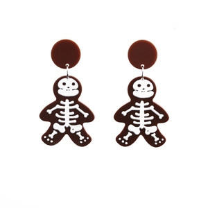 Halloween gingerbread man skeleton earrings in dark brown acrylic for festive parties