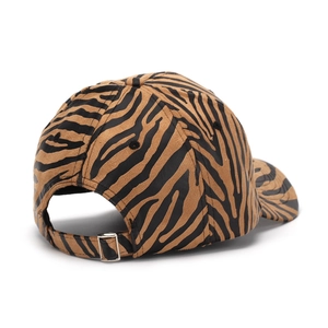 Brown and black zebra print baseball cap with faux suede texture and metal buckle