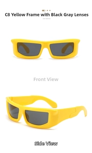 Front and side view of chunky yellow square sunglasses with dark grey lenses