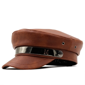 Brown PU leather military baker boy hat with crocodile texture and metal M decoration