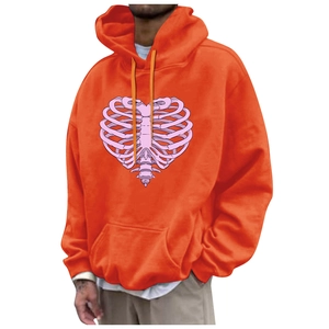 Orange unisex fleece hoodie featuring pink ribcage heart print with drawstring hood